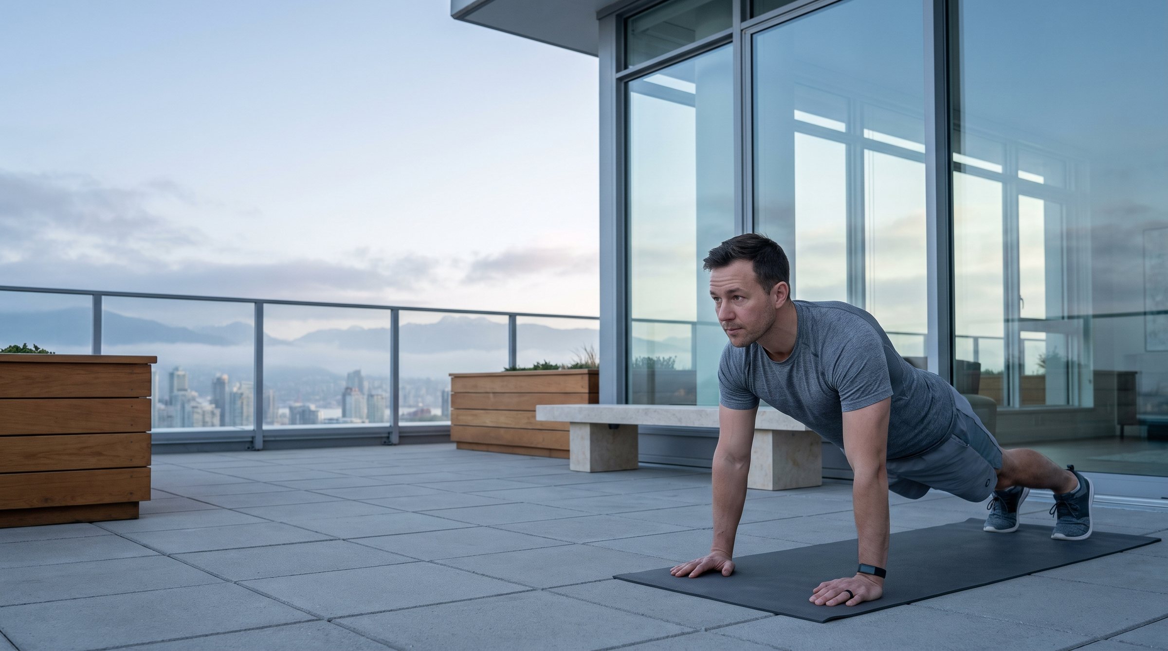 A man holding a plank on a terrace at dawn wearing a fitness band