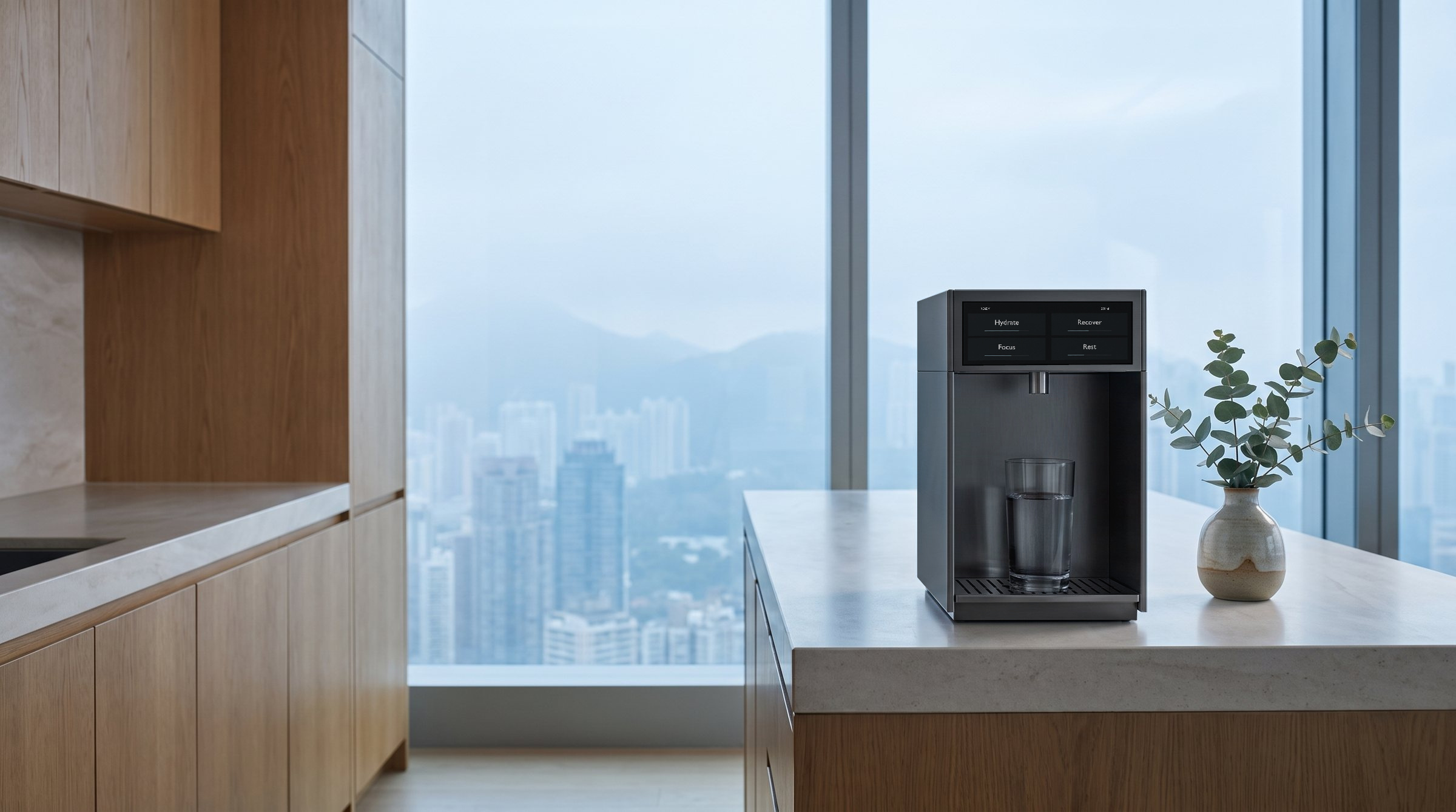 The Revivex machine on a stone kitchen island with a skyline view